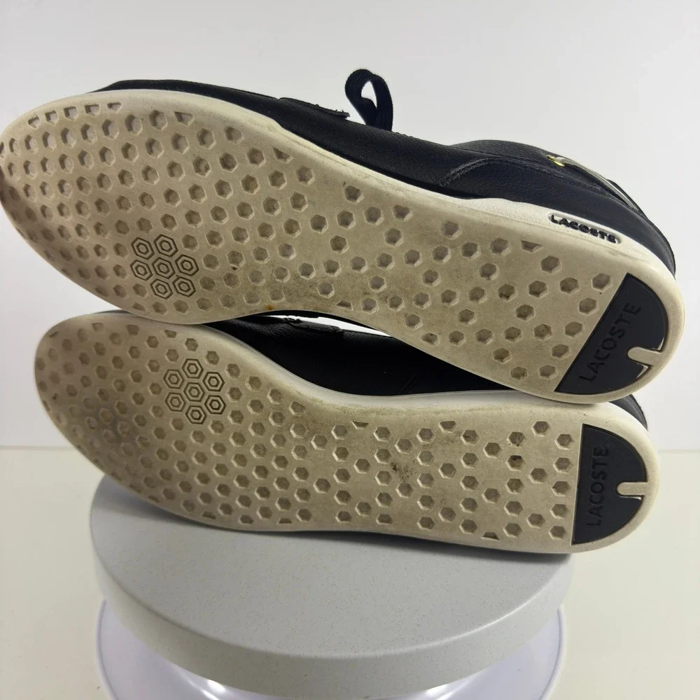 Lacoste Mens Black Leather Boat Shoes Low Top Sneakers Gold Logo Moc Toe 10